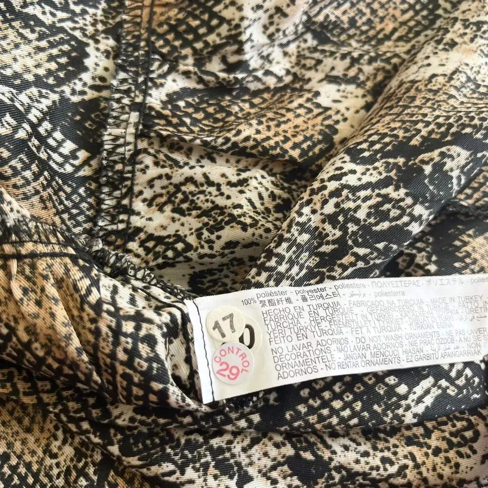 Zara Brown Snakeskin Animal Print Long Sleeve Button Front Tie Neck Midi Dress L
